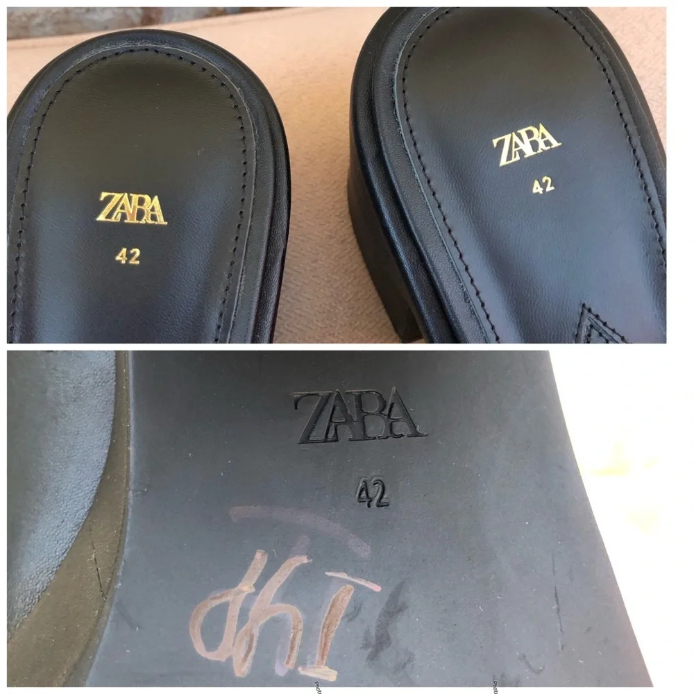 Zara Black Leather Chunky Heel Squared Toe Versatile Slip On Platform Shoes‎ 42